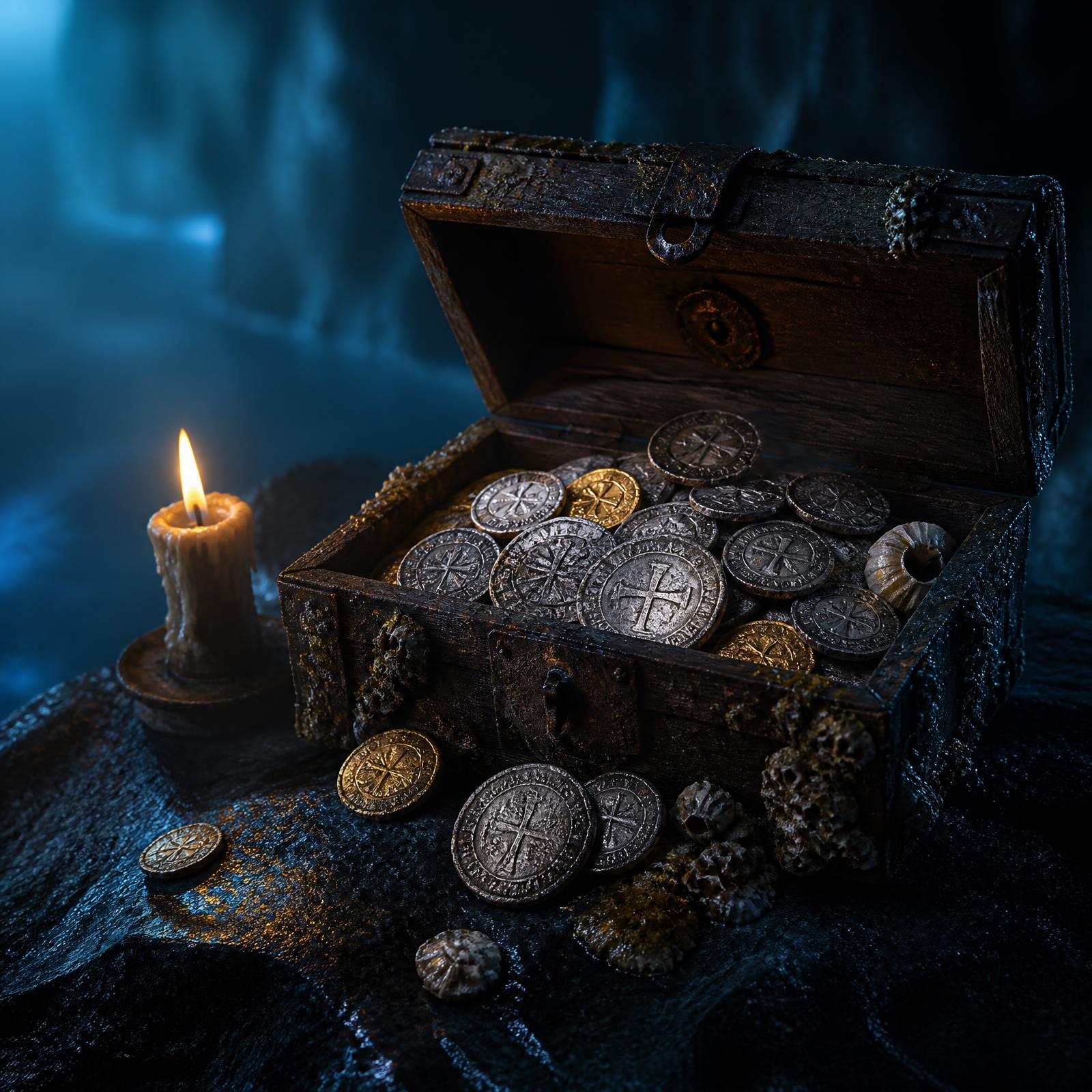 An open, barnacled treasure chest spilling silver and gold cobs by candlelight